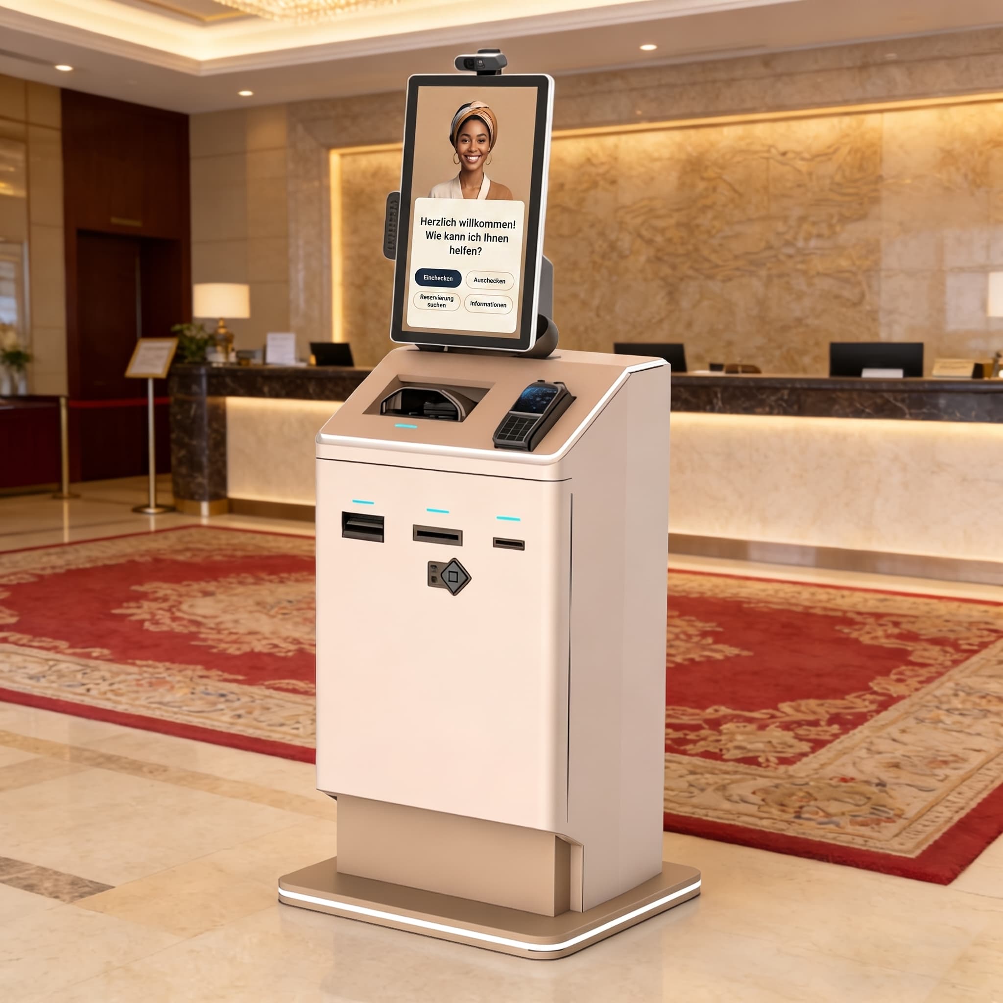 Self-Check-in-Standgerät in Champagner-Optik, Dreiviertelansicht in einer Hotellobby.