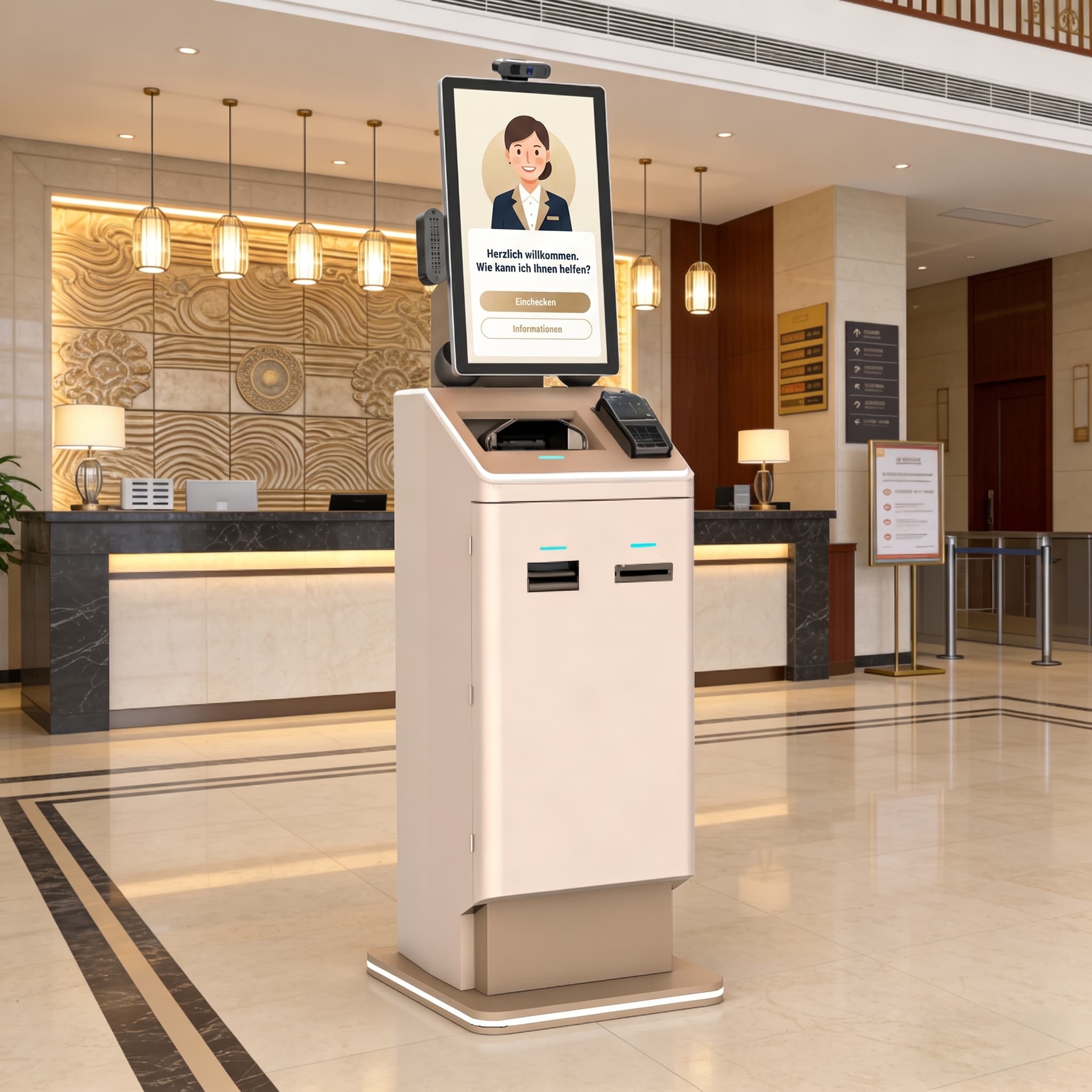 Check-in-Standgerät mit Kamera und Zahlungsterminal in einer modernen Hotellobby.