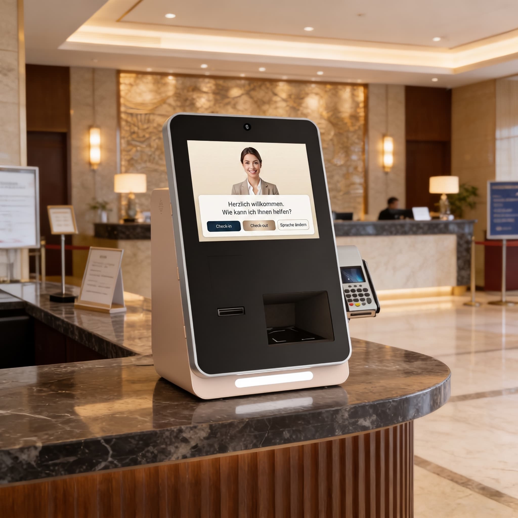 Counter-Terminal mit Kartenleser und Zahlungsterminal auf einem Empfangstresen.