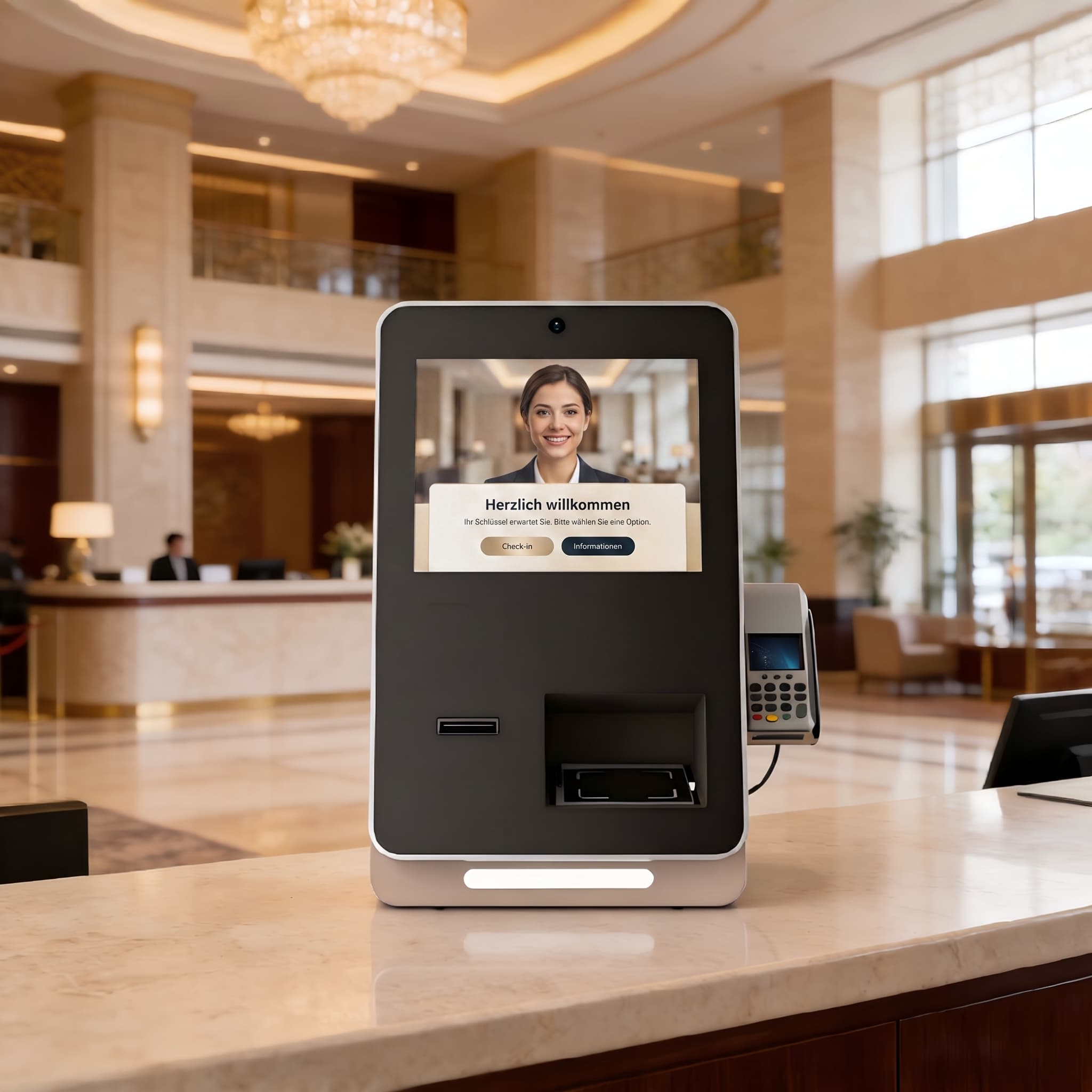Counter-Check-in-Terminal mit Kartenschlitz und Zahlungsterminal auf einem Hoteltresen.