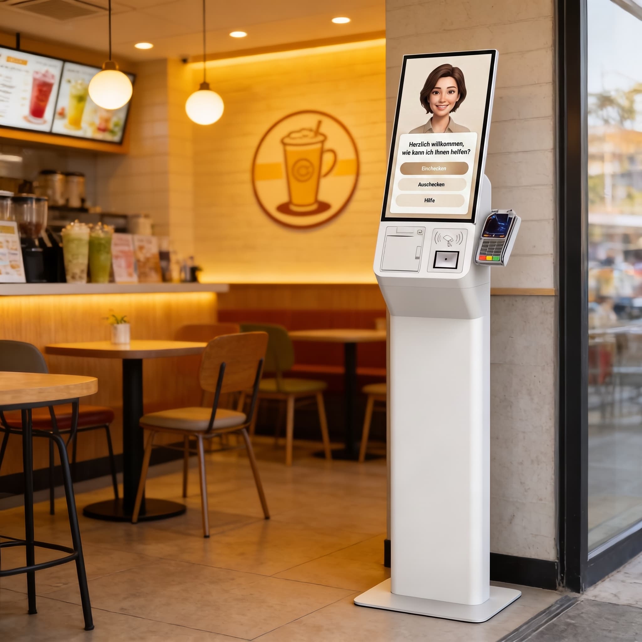 Schlankes Bestell-Standgerät mit Zahlungsterminal in einer Gastronomie-Umgebung.